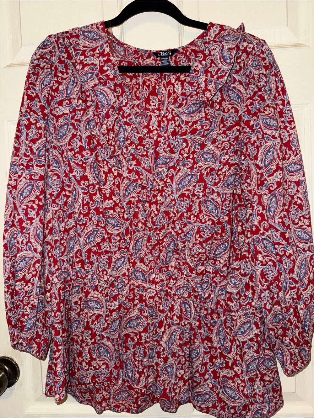 Chaps Red Paisley V-Neck Ruffle Blouse